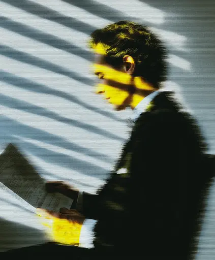 Midjourney generated image using SREF code , , : A man in a suit reading a piece of paper.
