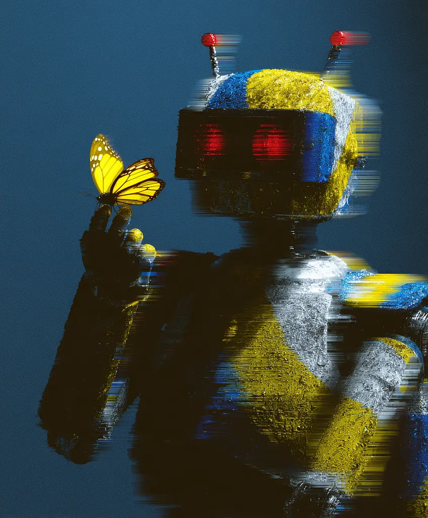Midjourney generated image using SREF code , , : A robot holding a butterfly in his hand.