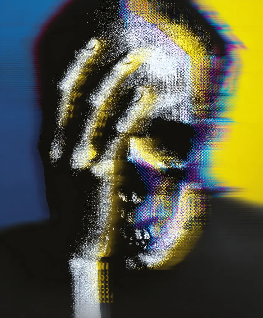Midjourney generated image using SREF code , , : A man with his head in his hands. 