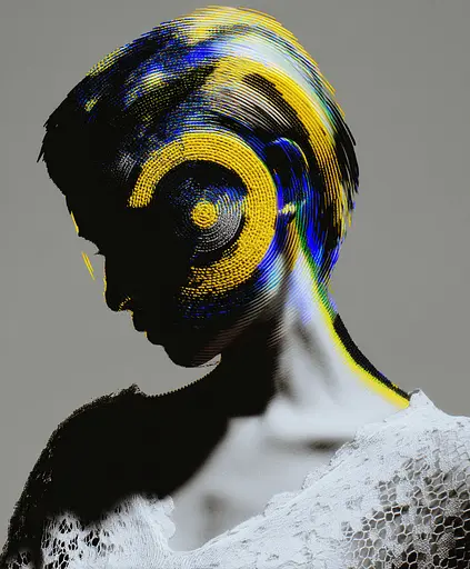Midjourney generated image using SREF code , , : A woman with a yellow and blue face is shown.