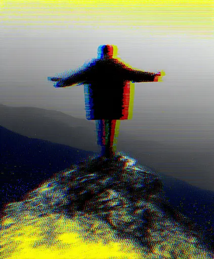 Midjourney generated image using SREF code , , : A person standing on top of a mountain with their arms outstretched.