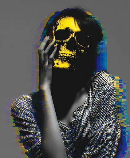 Midjourney generated image using SREF code , , : A woman holding a skull in front of her face.