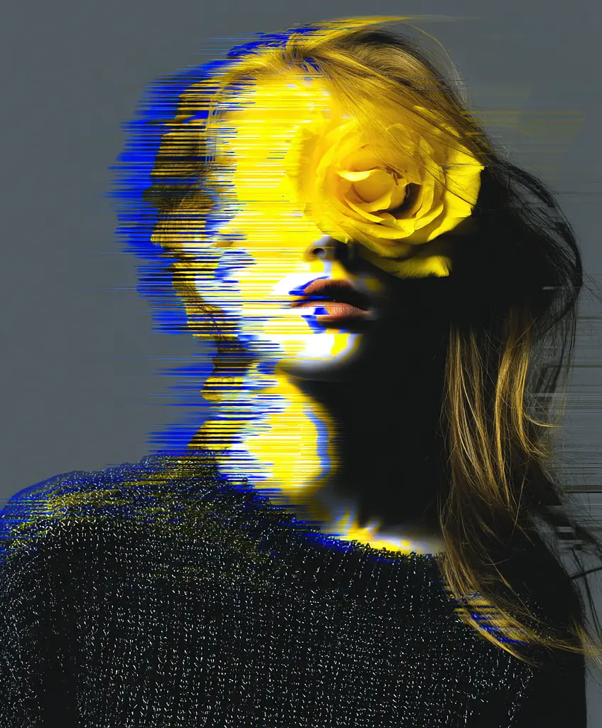 Midjourney generated image using SREF code , , : A woman with a yellow rose in her hair.