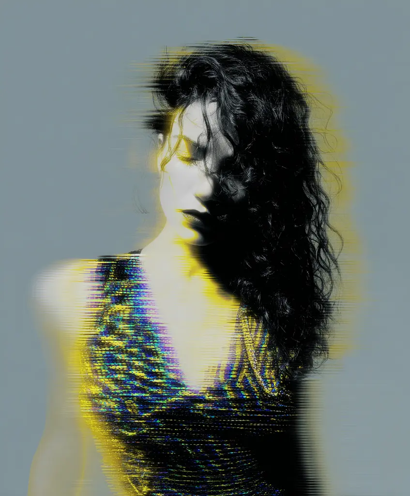Midjourney generated image using SREF code , , : A woman with long black hair standing in front of a gray background.