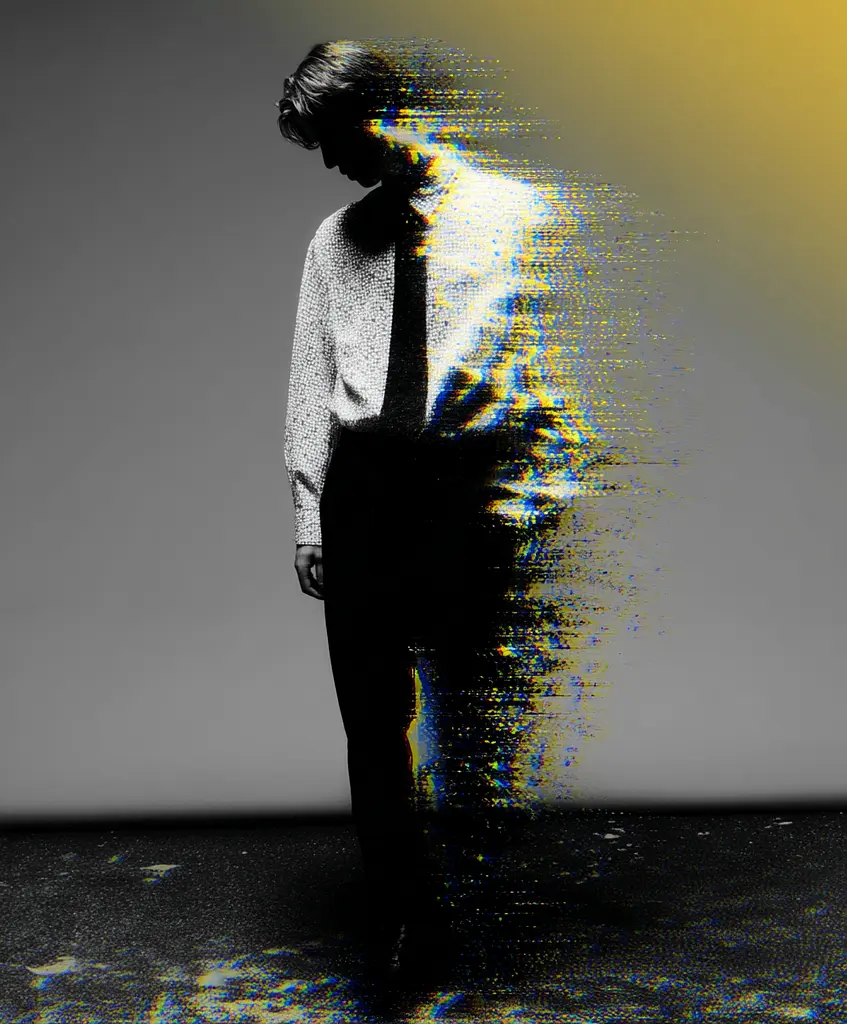 Midjourney generated image using SREF code , , : A man in a white shirt and tie standing in a room.