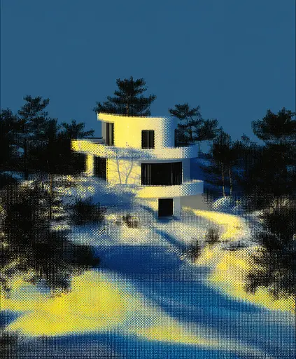 Midjourney generated image using SREF code , , : A picture of a house in the middle of a snowy field.