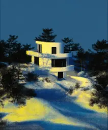 Midjourney generated image using SREF code , , : A picture of a house in the middle of a snowy field.