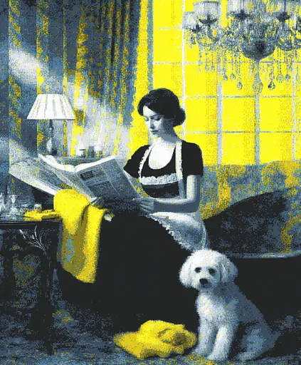 Midjourney generated image using SREF code , , : A woman sitting on a couch reading a newspaper next to a dog.