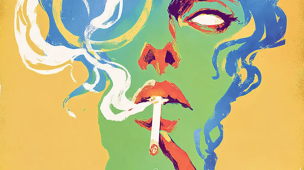 Midjourney generated image using SREF code Psycoloric Bloom: A woman with a cigarette in her mouth.