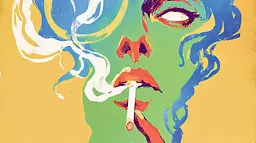 Midjourney generated image using SREF code Psycoloric Bloom: A woman with a cigarette in her mouth.