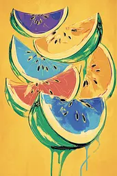 Midjourney generated image using SREF code Psycoloric Bloom: A painting of sliced watermelon on a yellow background.