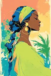 Midjourney generated image using SREF code Psycoloric Bloom: A woman with blue hair wearing a green dress and gold hoop earrings.