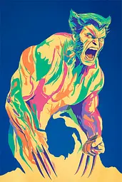Midjourney generated image using SREF code Psycoloric Bloom: A colorful illustration of a wolverine with his mouth open.