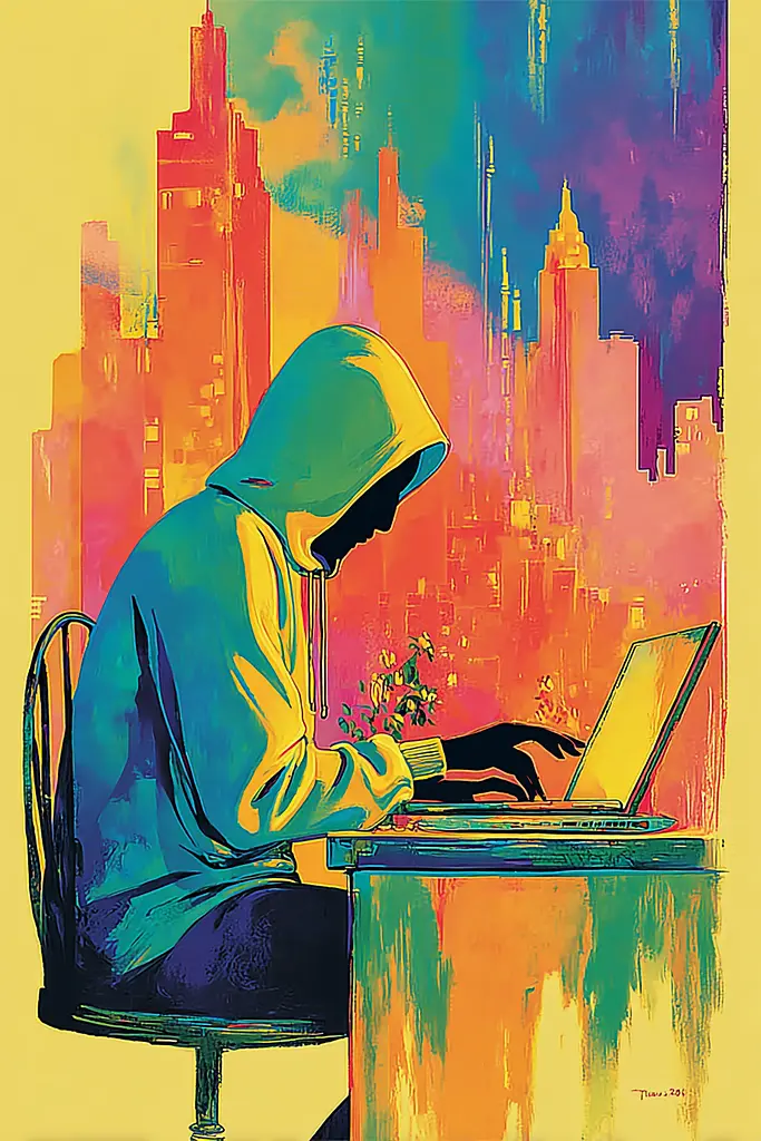 Midjourney generated image using SREF code Psycoloric Bloom: A person in a hoodie sitting at a desk using a laptop.