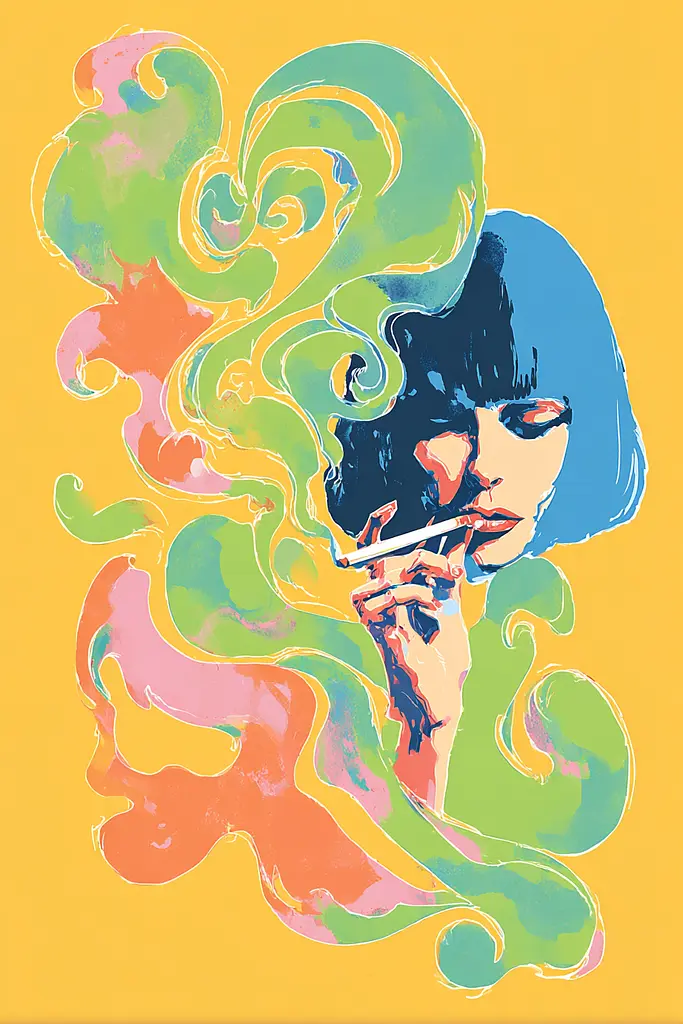 Midjourney generated image using SREF code Psycoloric Bloom: A woman smoking a cigarette in front of a yellow background.