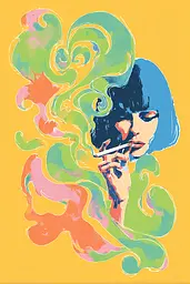Midjourney generated image using SREF code Psycoloric Bloom: A woman smoking a cigarette in front of a yellow background.