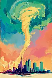 Midjourney generated image using SREF code Psycoloric Bloom: A painting of a tornado in the sky over a city.