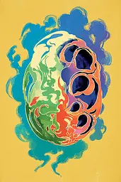 Midjourney generated image using SREF code Psycoloric Bloom: A colorful painting of a skull on a yellow background.