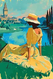 Midjourney generated image using SREF code Psycoloric Bloom: A painting of a woman in a yellow dress and hat sitting on the grass.