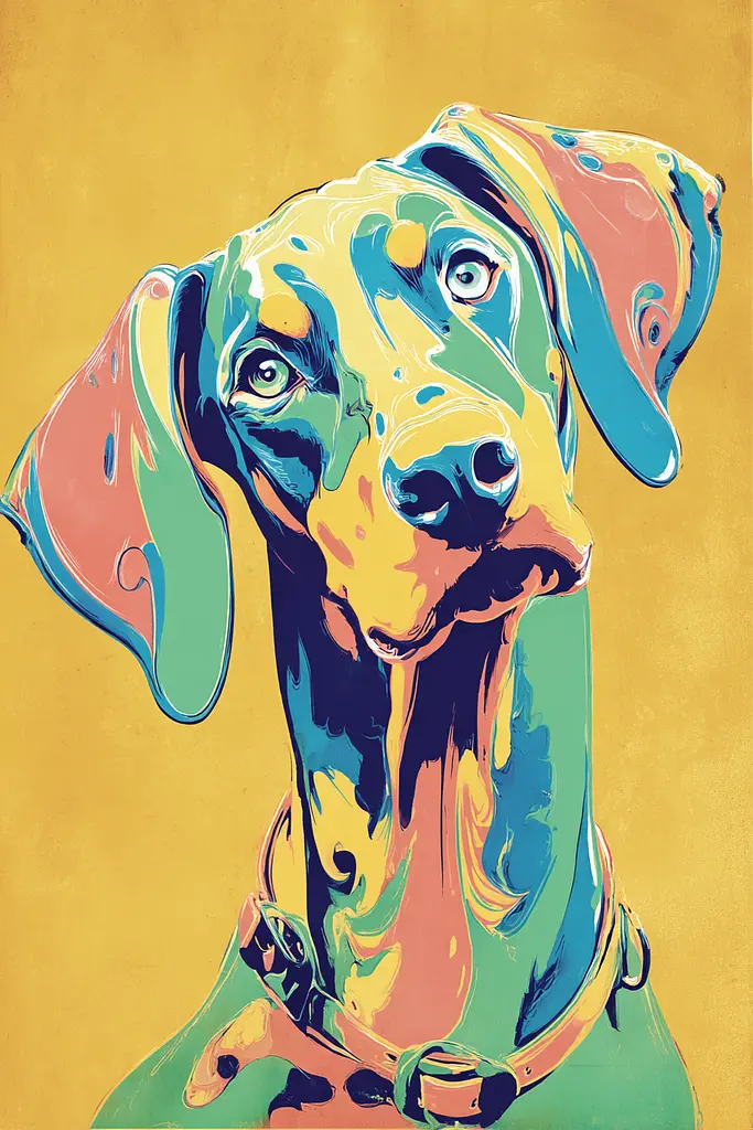 Midjourney generated image using SREF code Psycoloric Bloom: A painting of a dog with a collar on.