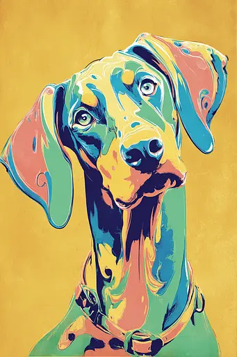 Midjourney generated image using SREF code Psycoloric Bloom: A painting of a dog with a collar on.