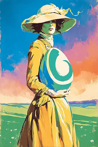Midjourney generated image using SREF code Psycoloric Bloom: A woman in a yellow dress and hat holding a blue and white ball.