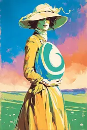 Midjourney generated image using SREF code Psycoloric Bloom: A woman in a yellow dress and hat holding a blue and white ball.