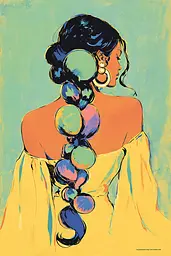 Midjourney generated image using SREF code Psycoloric Bloom: A painting of a woman wearing a necklace and earrings.