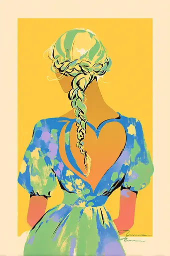Midjourney generated image using SREF code Psycoloric Bloom: A painting of a woman with a braid in her hair.