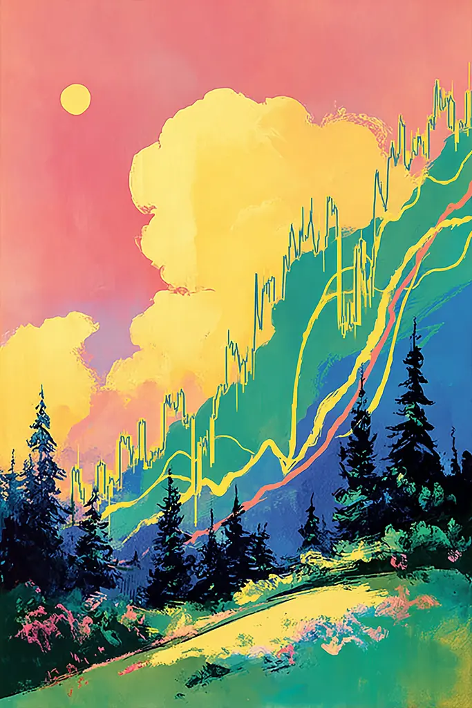 Midjourney generated image using SREF code Psycoloric Bloom: A painting of a mountain with trees in the foreground.