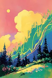 Midjourney generated image using SREF code Psycoloric Bloom: A painting of a mountain with trees in the foreground.