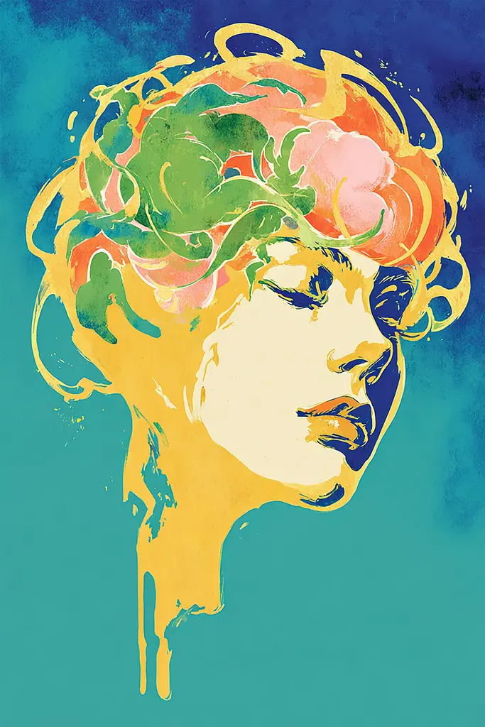 Midjourney generated image using SREF code Psycoloric Bloom: A painting of a woman with flowers in her hair.