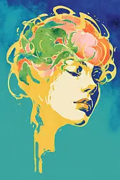 Midjourney generated image using SREF code Psycoloric Bloom: A painting of a woman with flowers in her hair.