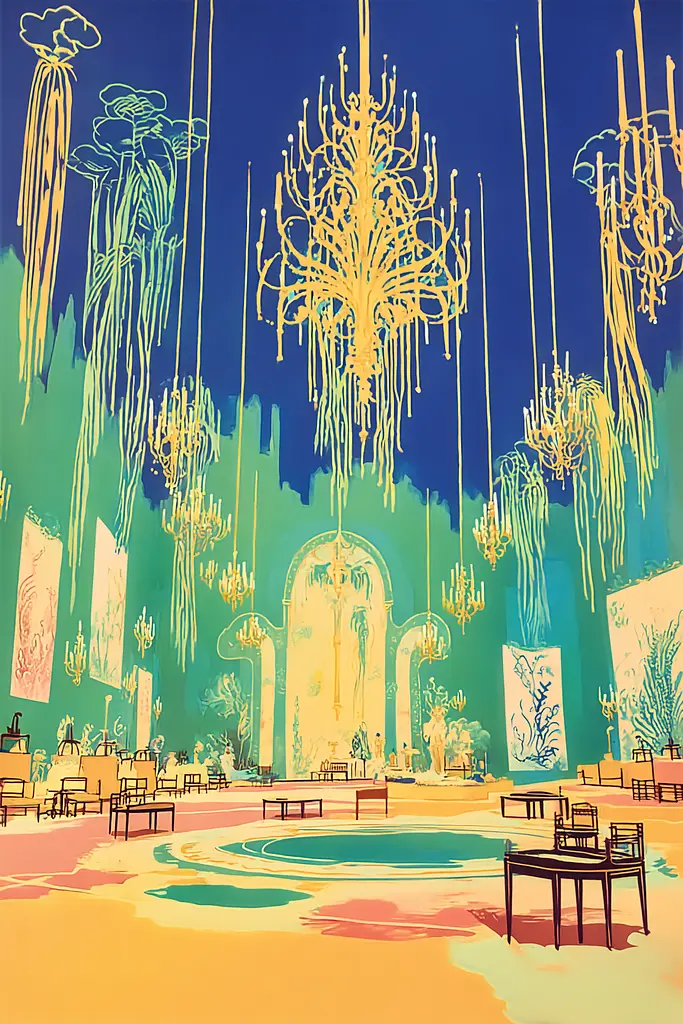 Midjourney generated image using SREF code Psycoloric Bloom: A painting of a room with chandeliers hanging from the ceiling.