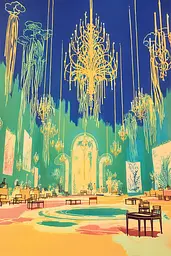 Midjourney generated image using SREF code Psycoloric Bloom: A painting of a room with chandeliers hanging from the ceiling.