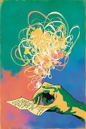 Midjourney generated image using SREF code Psycoloric Bloom: A painting of a hand holding a piece of paper.