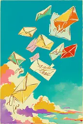 Midjourney generated image using SREF code Psycoloric Bloom: A painting of a bunch of envelopes flying in the sky.