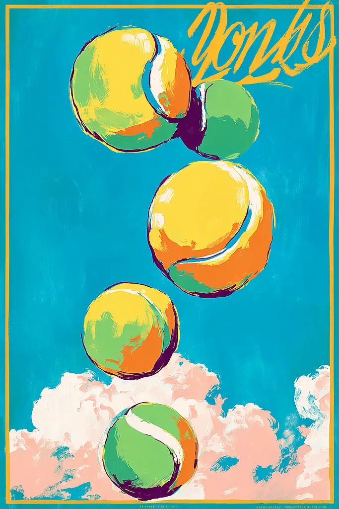 Midjourney generated image using SREF code Psycoloric Bloom: A painting of three tennis balls flying in the air.