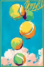Midjourney generated image using SREF code Psycoloric Bloom: A painting of three tennis balls flying in the air.