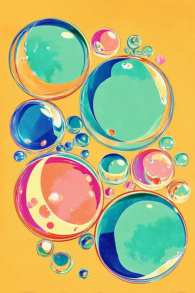 Midjourney generated image using SREF code Psycoloric Bloom: A painting of colorful bubbles on a yellow background.