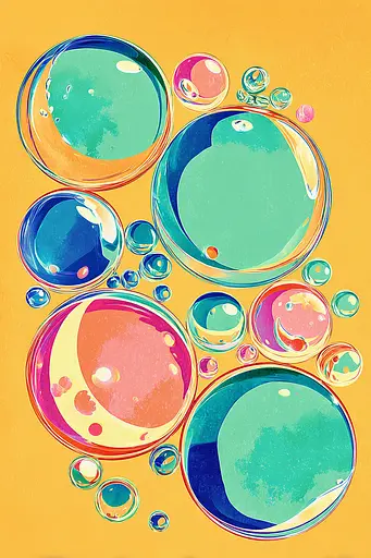 Midjourney generated image using SREF code Psycoloric Bloom: A painting of colorful bubbles on a yellow background.