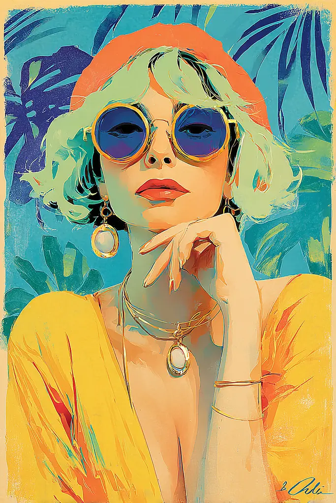 Midjourney generated image using SREF code Psycoloric Bloom: A painting of a woman wearing sunglasses and a hat.