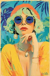 Midjourney generated image using SREF code Psycoloric Bloom: A painting of a woman wearing sunglasses and a hat.