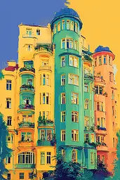 Midjourney generated image using SREF code Psycoloric Bloom: A painting of a colorful building with many windows.