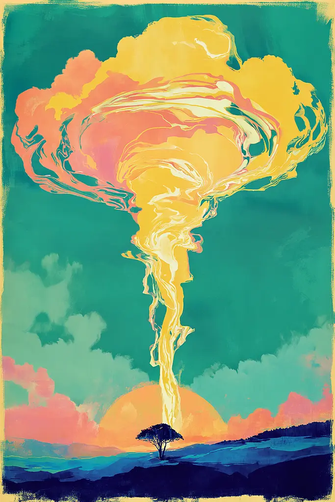 Midjourney generated image using SREF code Psycoloric Bloom: A painting of a tornado with a tree in the middle of it.