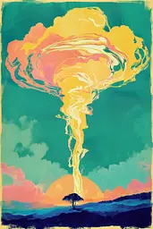 Midjourney generated image using SREF code Psycoloric Bloom: A painting of a tornado with a tree in the middle of it.