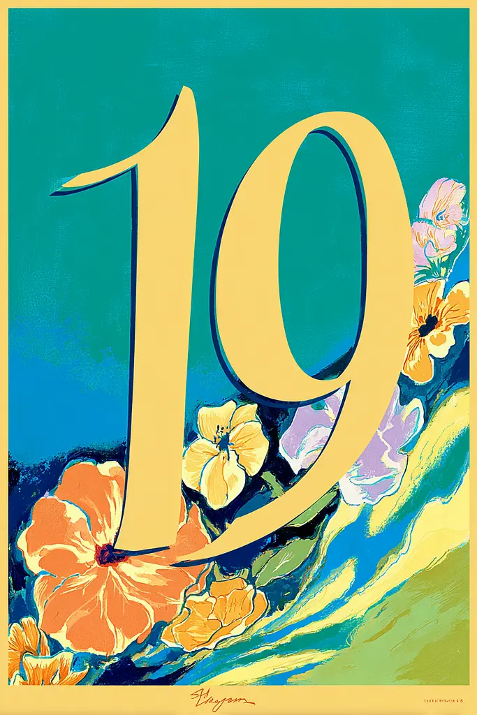 Midjourney generated image using SREF code Psycoloric Bloom: A number 19 with flowers on a blue background.