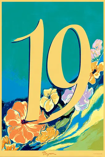 Midjourney generated image using SREF code Psycoloric Bloom: A number 19 with flowers on a blue background.