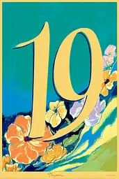 Midjourney generated image using SREF code Psycoloric Bloom: A number 19 with flowers on a blue background.
