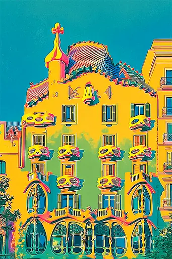Midjourney generated image using SREF code Psycoloric Bloom: A colorful building with a clock tower on top of it.